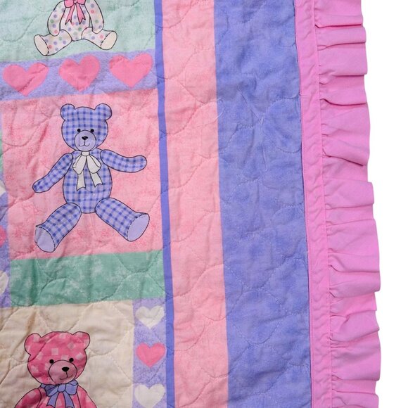 Vintage Teddy Bear Baby Quilt Purple Pink Ruffle Cottage - Picture 3 of 5